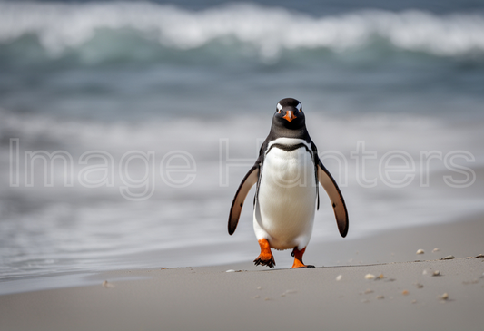 Gentoo penguin walks on the sandy beach