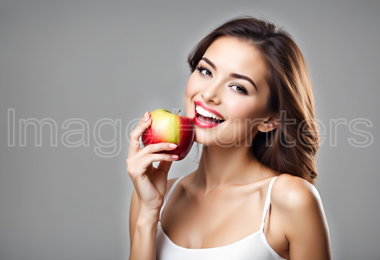 Young Woman Biting Fresh Apple on Gray Background