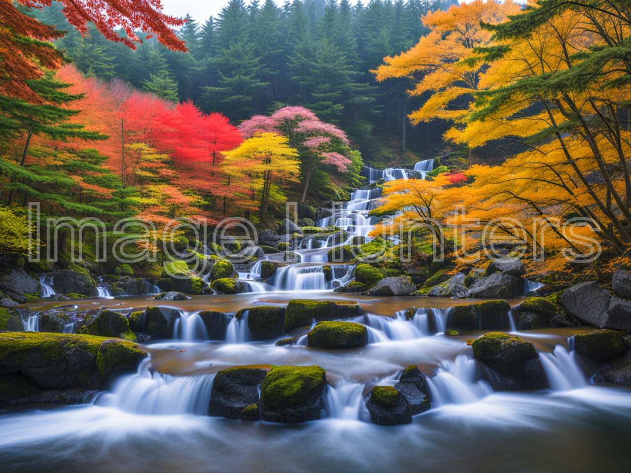 Autumn Trees and Waterfall