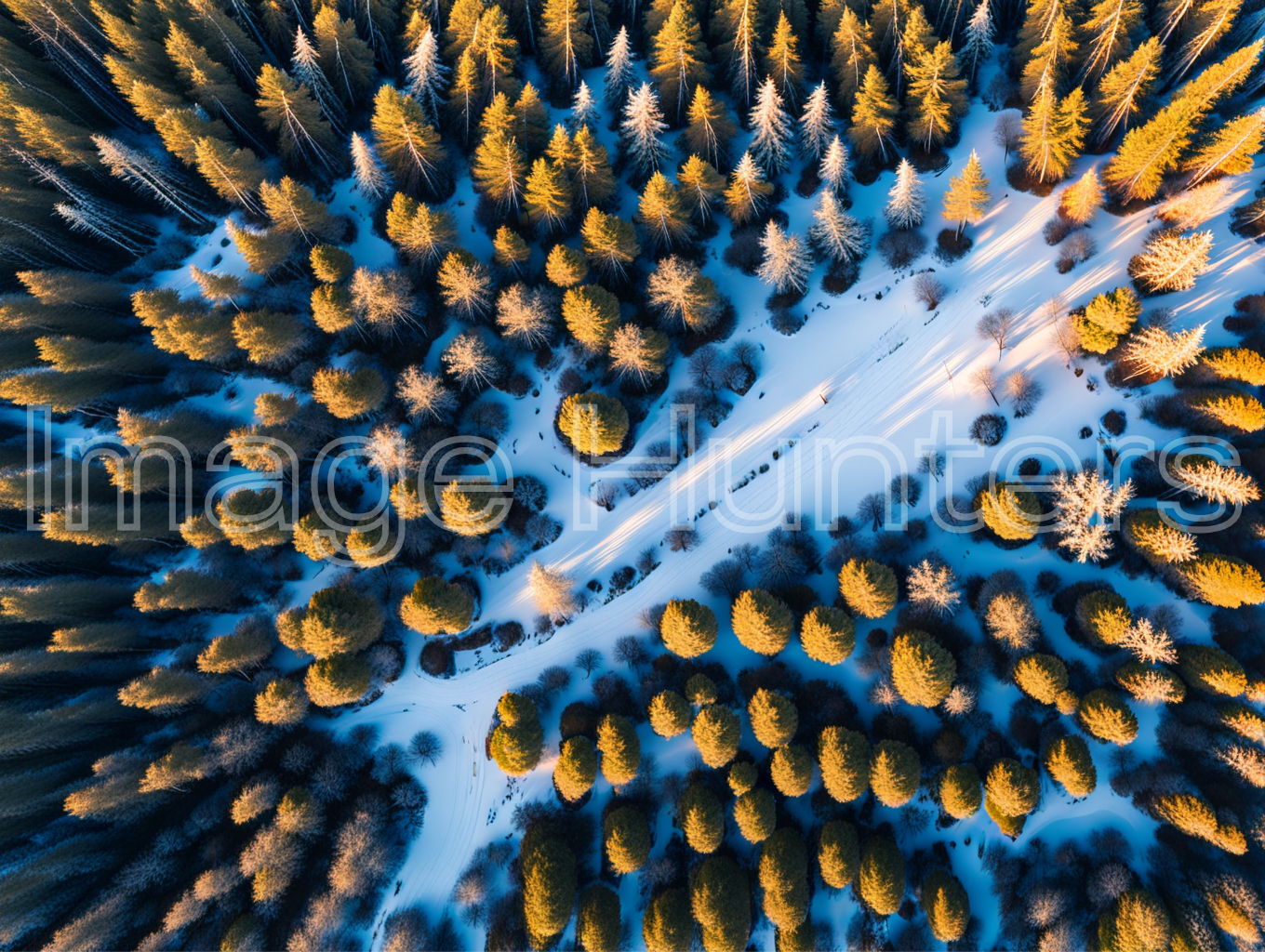 Aerial view of snow-covered forest with illuminated trees under the sunlight