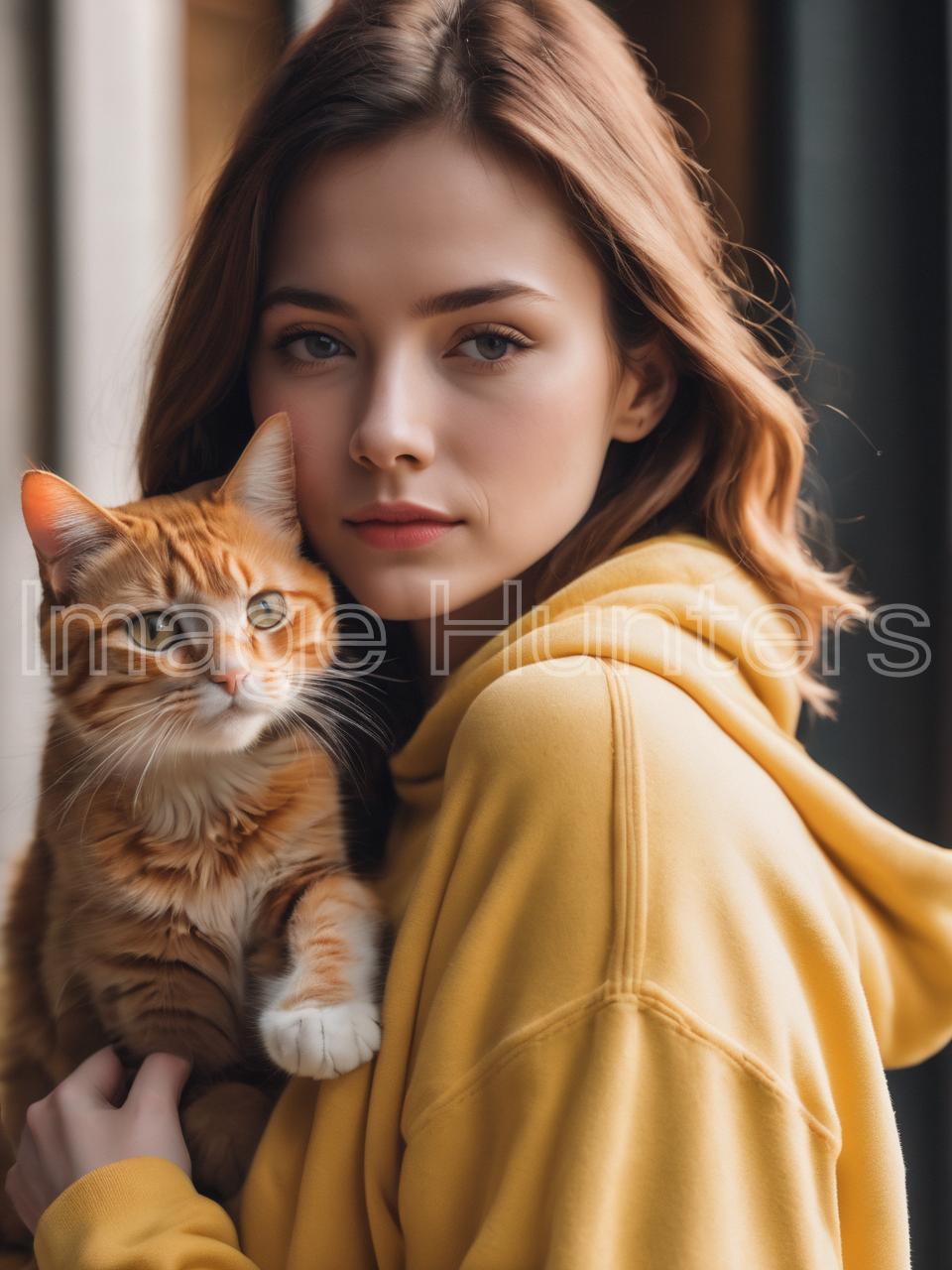 Girl in Yellow Hoodie Hugging Red Cat