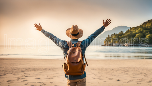 A traveler in hat and backpack celebrates freedom with arms raised on a sandy beach.