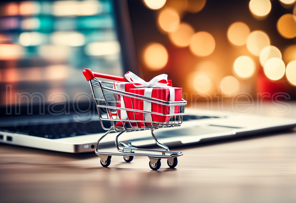 Mini shopping cart with gift boxes and blurry bokeh background