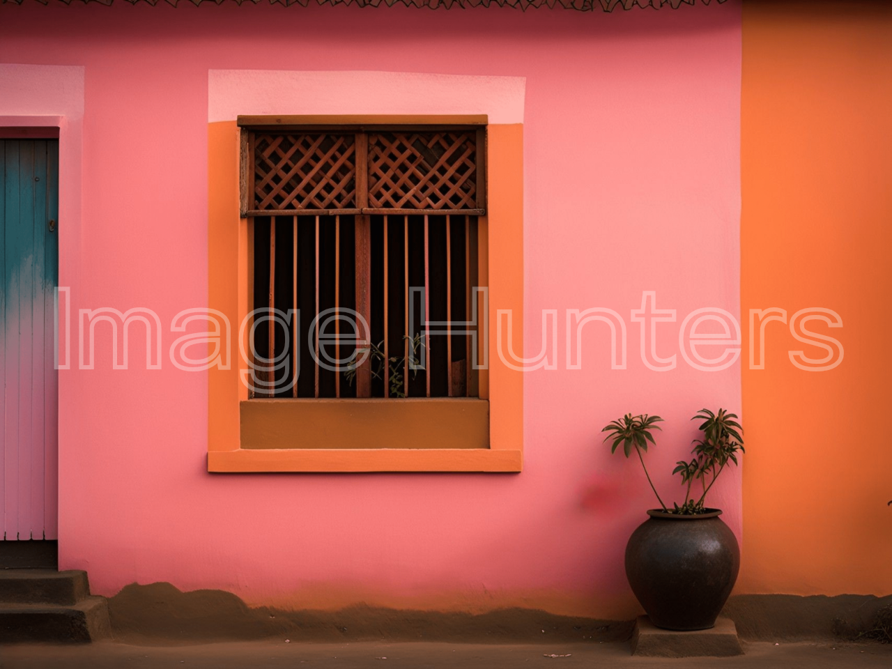 Thai-inspired Pink Wall with Window and Lush Greenery