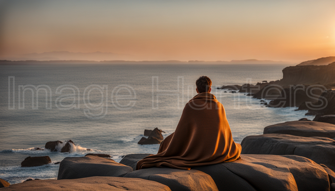 Man Wrapped in Blanket Watching Ocean Sunset on Rocks