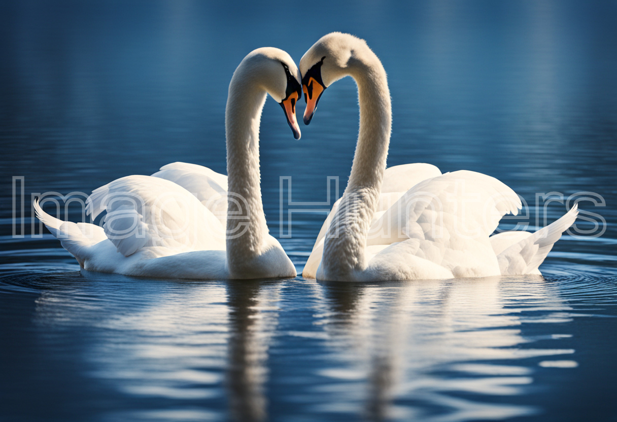 Swan Couple Forms Heart Shape in Blue Lake