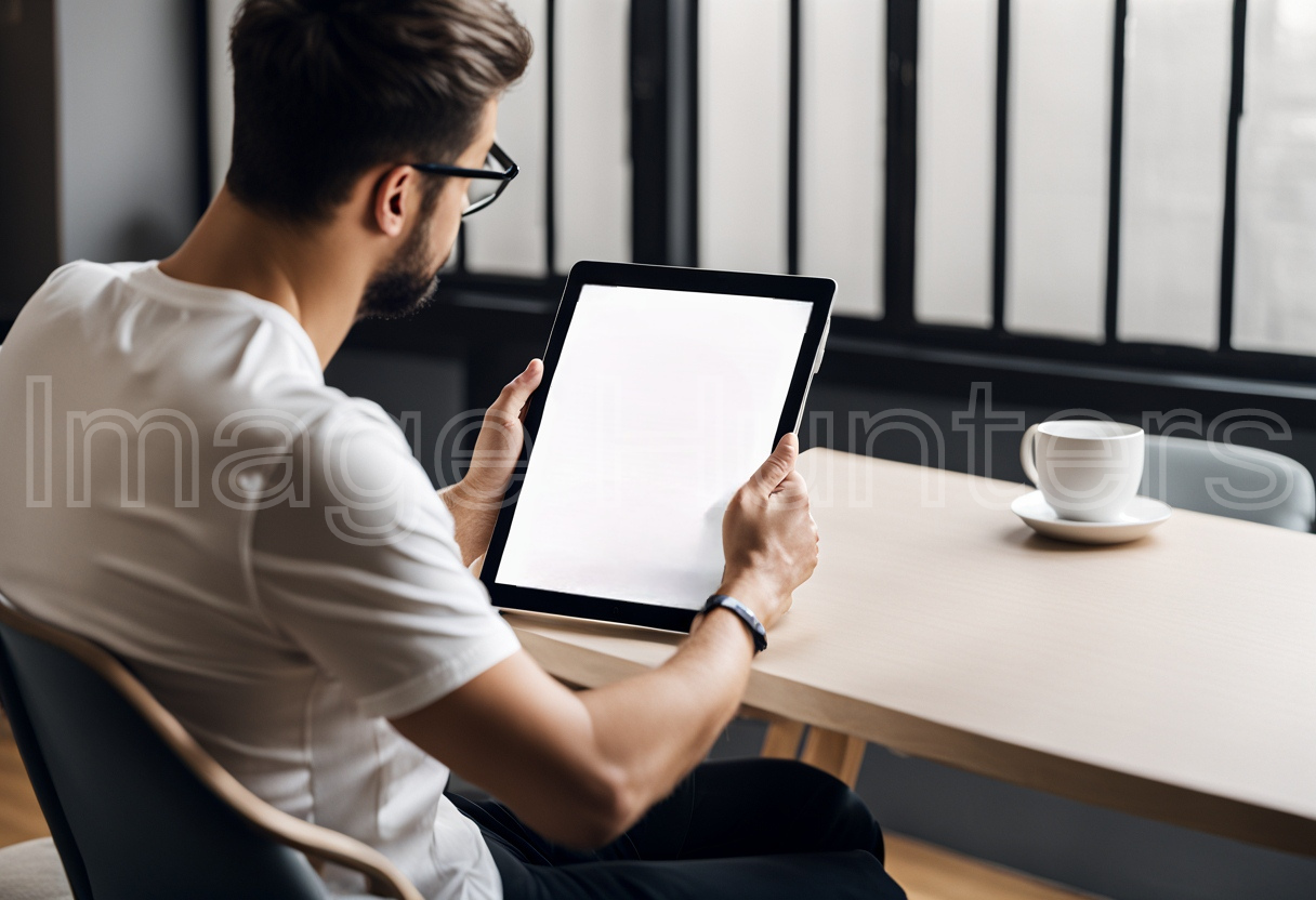 A man sitting with a tablet mockup