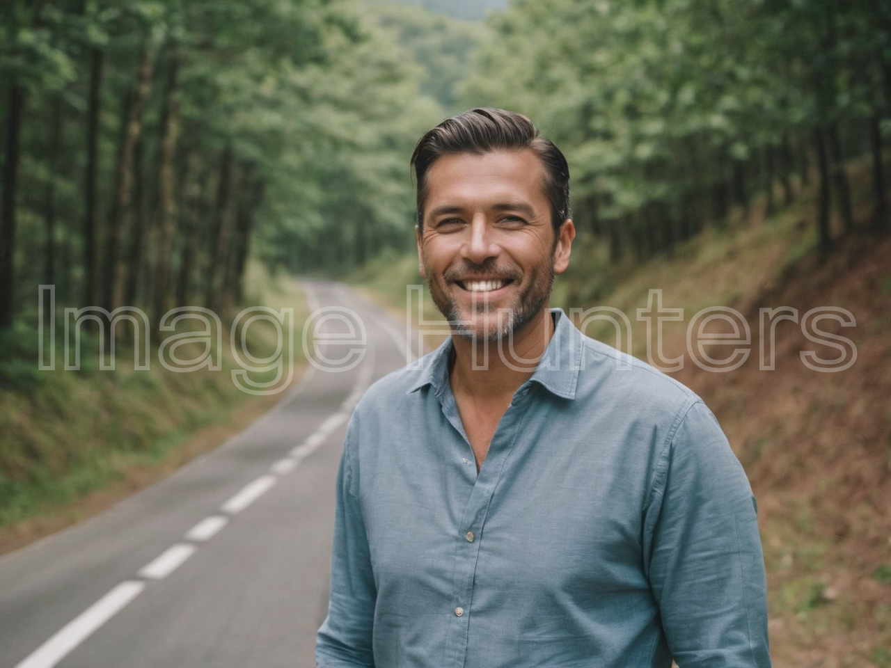 Smiling Man on the Road with Trees