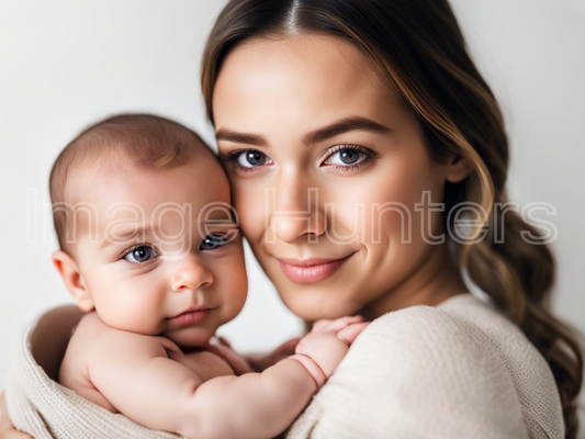 Young mom cuddling newborn baby on white background