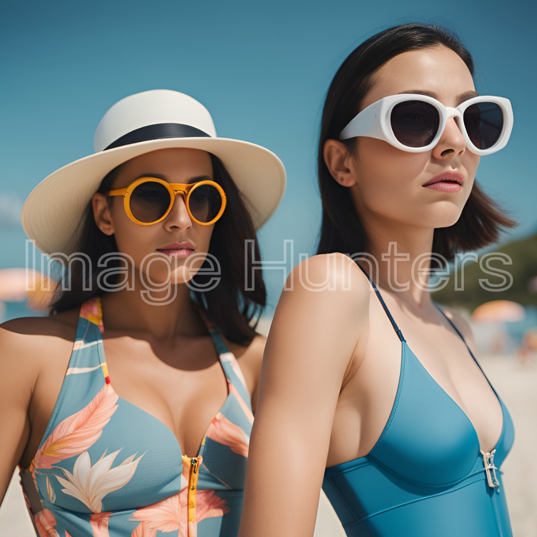 Two Women in Swimsuits and Sunglasses Close-Up