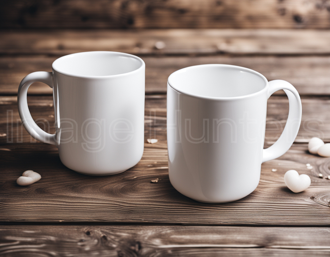 Two White Mugs Wedding Mockup on Wooden Background