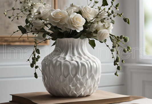 White Flower Arrangement in Porcelain Vase