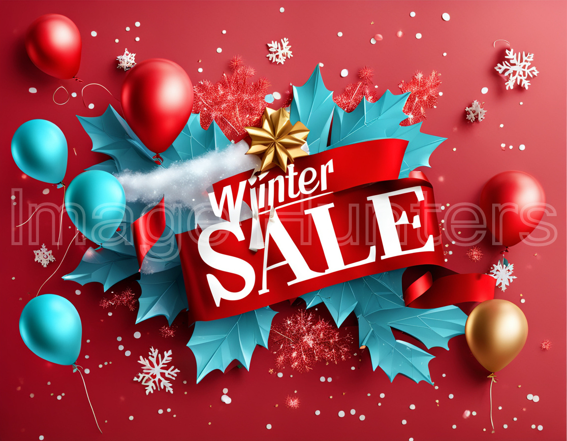 Winter Sale Banner with Balloons and Confetti