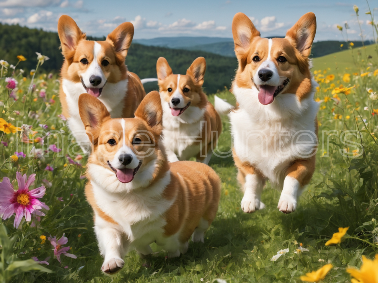 Corgis Playing in Wildflower Meadow