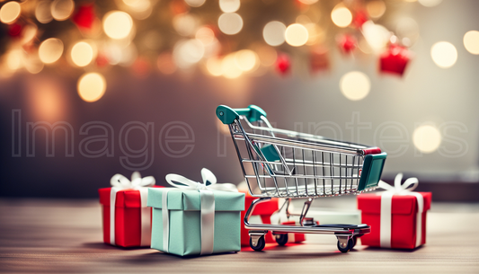 Mini shopping cart with gift boxes and blurry bokeh background