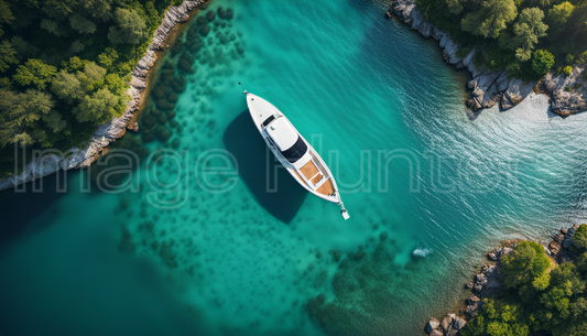 Aerial View of Motor Boat Over Emerald Waters