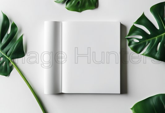 White Book Mockup with Monstera Leaf