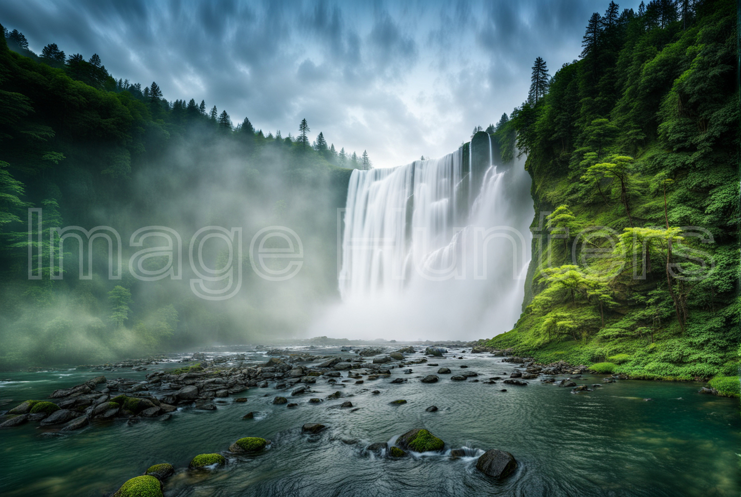 waterfall flows through the forest