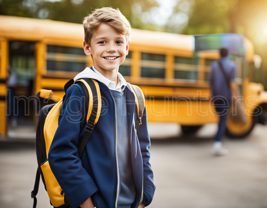 Happy Schoolboy with Backpack by School Bus