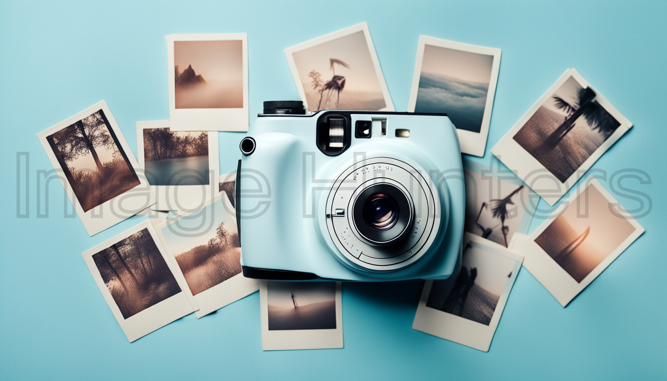 Blue Polaroid Camera Surrounded by Photos on Blue Background