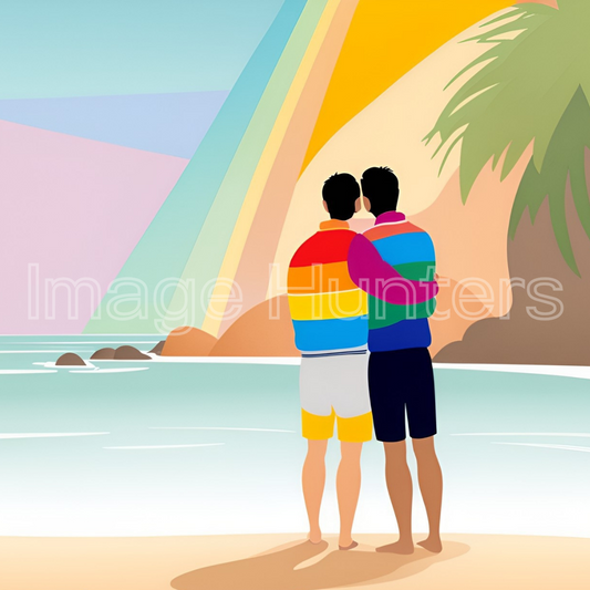 Illustration of Gay Couple Embracing on Beach