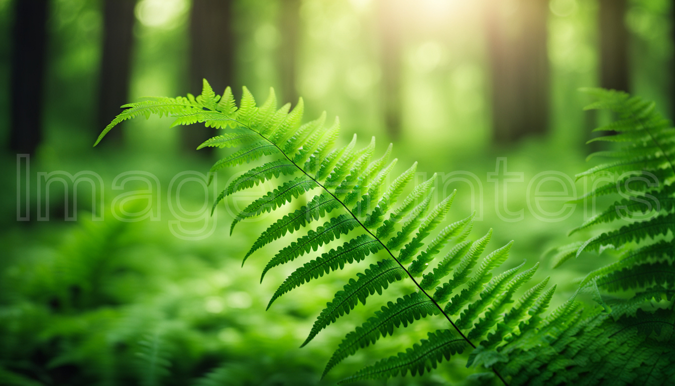 Close-up of green fern leaf in forest