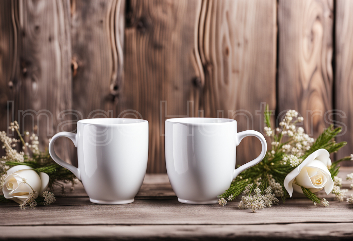 Two White Mugs Wedding Mockup on Wooden Background