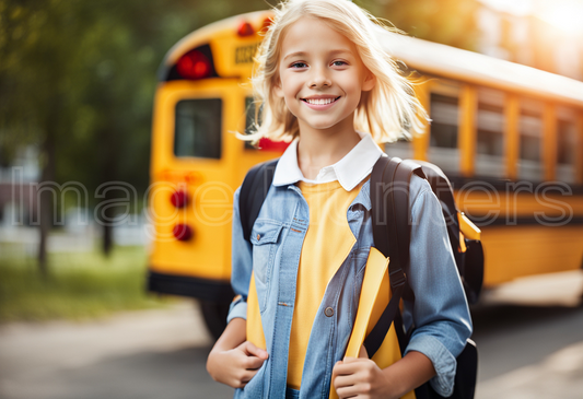 Happy Schoolgirl with Backpack by School Bus