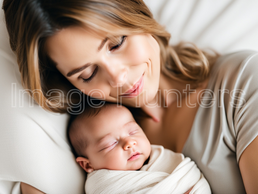 Young Mother and Newborn Baby in Peaceful Sleep