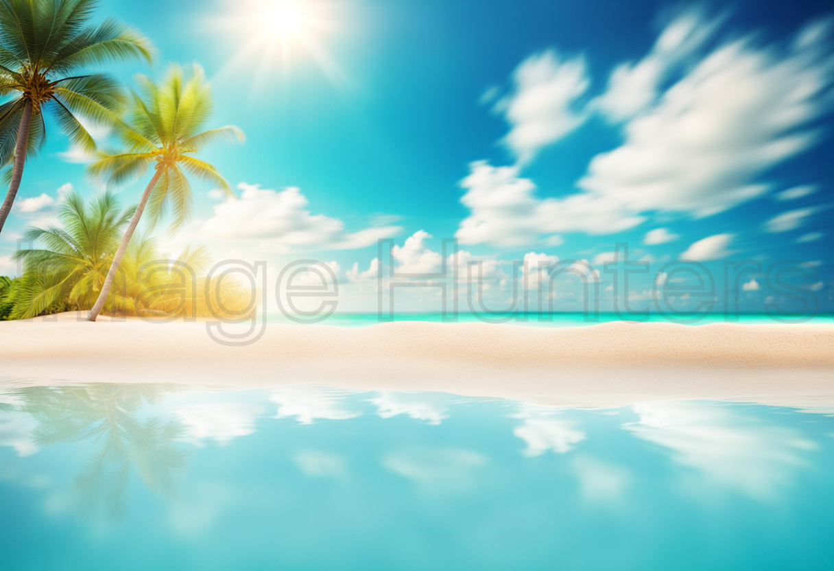 tropical beach vista with blue sky and white clouds