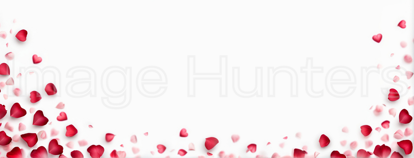 White background adorned with heart-shaped rose petals