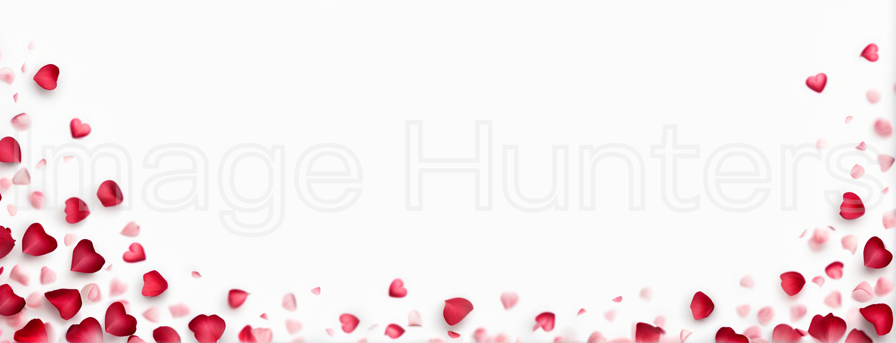 White background adorned with heart-shaped rose petals