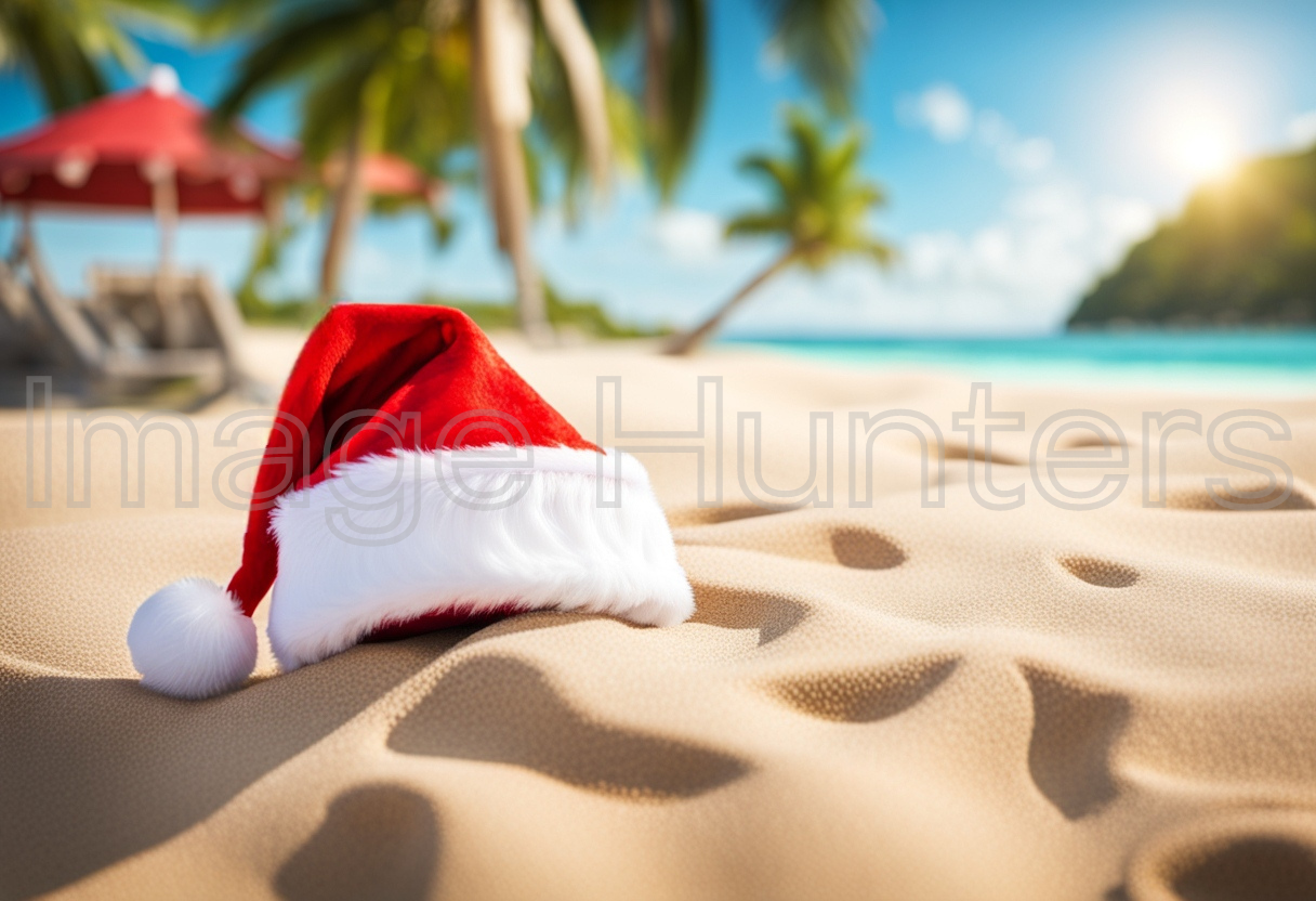 Tropical Christmas with Santa Hat on the Sunny Beach