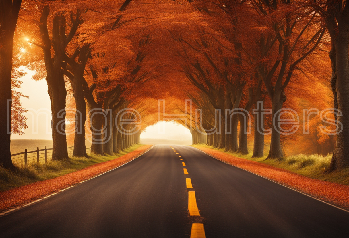 Autumn Road Landscape with Trees Tunnel