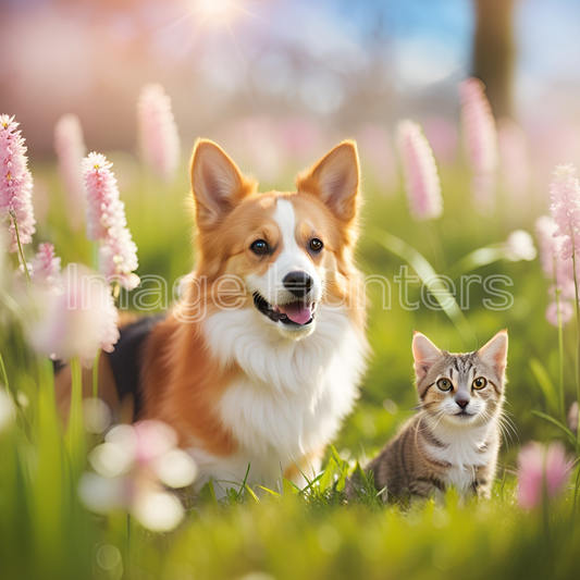 Corgi Dog and Tabby Cat Relax Amidst a Sunlit Spring Meadow