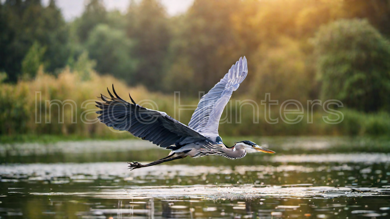 heron in flight over a pond 